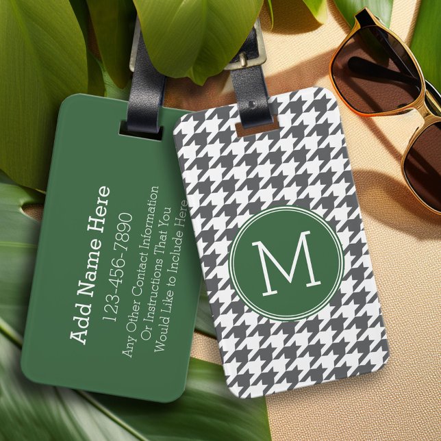 Grått White Grönt Houndstooth Mönster Monogram Bagagebricka (Custom Photo Collage Luggage Tag)