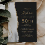 Grått White Guld Agate Mörk 50:e Födelsedagsfesten Inbjudningar<br><div class="desc">Det moderna födelsedagsfest inbjudan i elegantens lämnat kant har ett grått och ett vitt vattenfärgat agat gräns som trimmas med guld faux glitter. Anpassadet kombinerar handskrift,  rityta och kursivt typsnitt med guld-färgad på en svart bakgrund. Den omvända sidan har en matchande agate-design.</div>