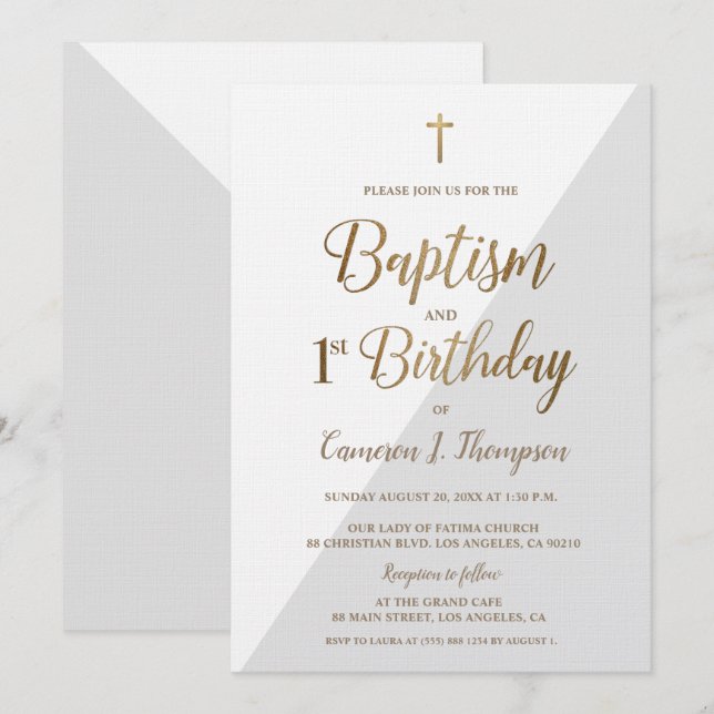 Grått White Guld Kor Baptism 1:a födelsedag Inbjudningar (Fram/baksida)