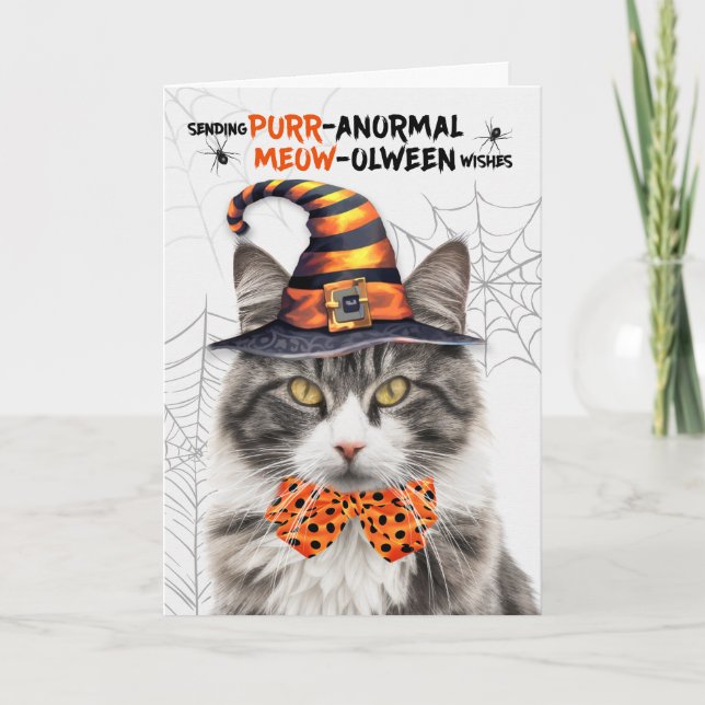 Grått White Halloween Kat PURRanormal MEOWolween Helgkort (Framsida)