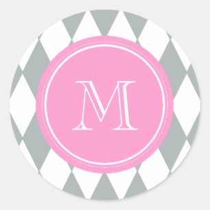 Grått White Harlequin Mönster, Rosa Monogram Runt Klistermärke
