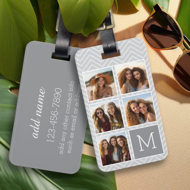 Grått White Instagram 5 Photo Collage Monogram Bagagebricka (Personalized Photo Collage Luggage Tag)