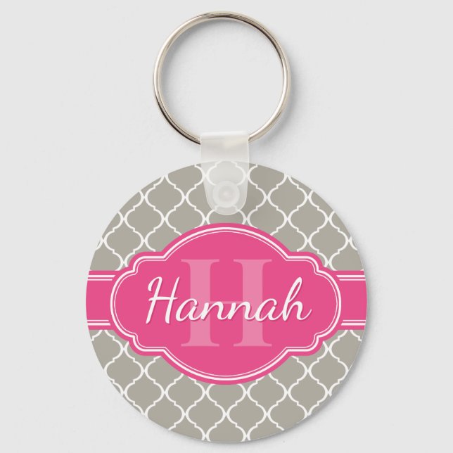 Grått White Lattice Mönster Rosa Monogram Nyckelring (Framsida)