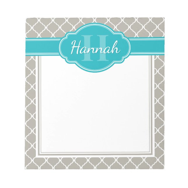 Grått White Lattice Mönster Teal Monogram Anteckningsblock (Framsida)