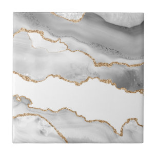 Grått White Marble Agate Refined Golden Glitter Kakelplatta