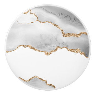 Grått White Marble Agate Refined Golden Glitter Knopp