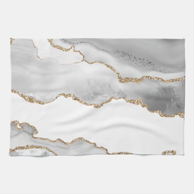 Grått White Marble Agate Refined Golden Glitter Kökshandduk (Horisontell)