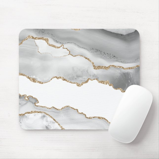 Grått White Marble Agate Refined Golden Glitter Musmatta (Med mus)