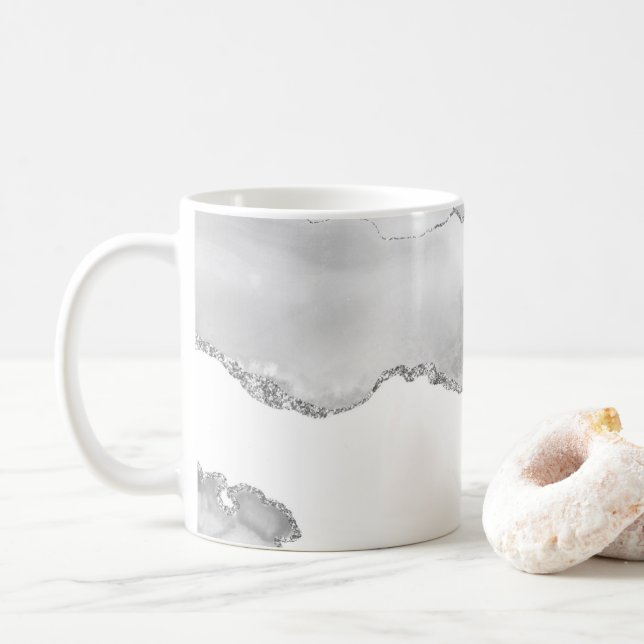 Grått White Marble Agate Simple Silver Glitter Kaffemugg (Med munk)