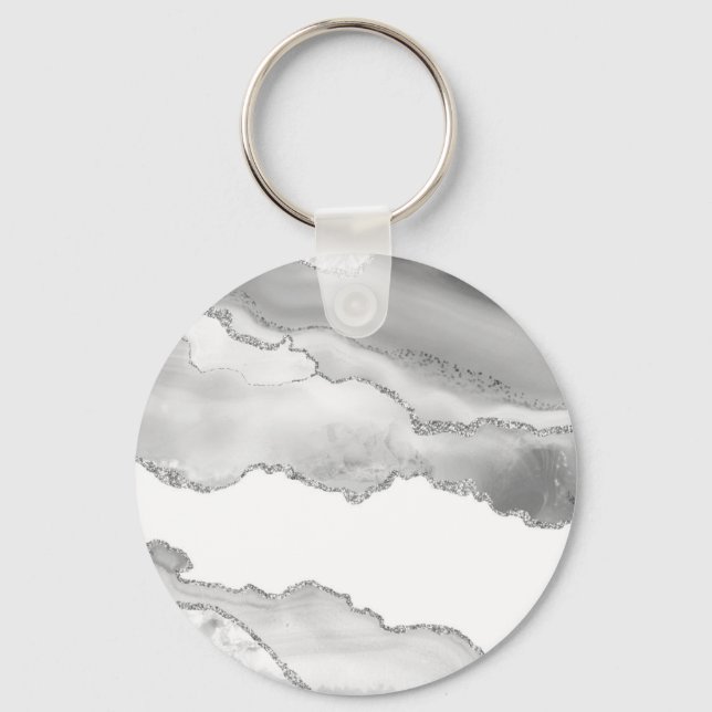 Grått White Marble Agate Simple Silver Glitter Nyckelring (Framsida)