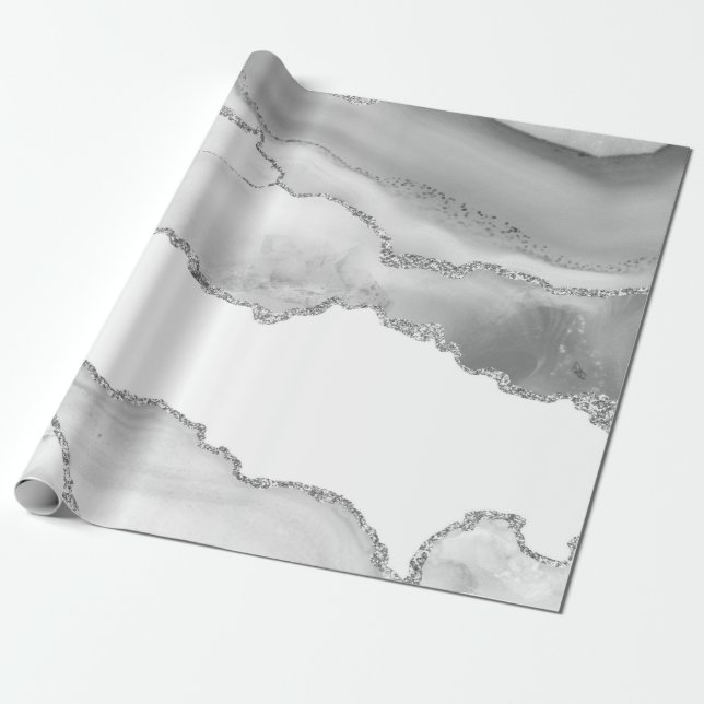 Grått White Marble Agate Simple Silver Glitter Presentpapper (Utrullad)