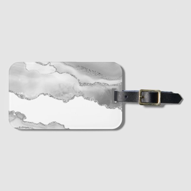 Grått White Marble Agate Simple Silver Gnistra Bagagebricka (Framsida horisontal)
