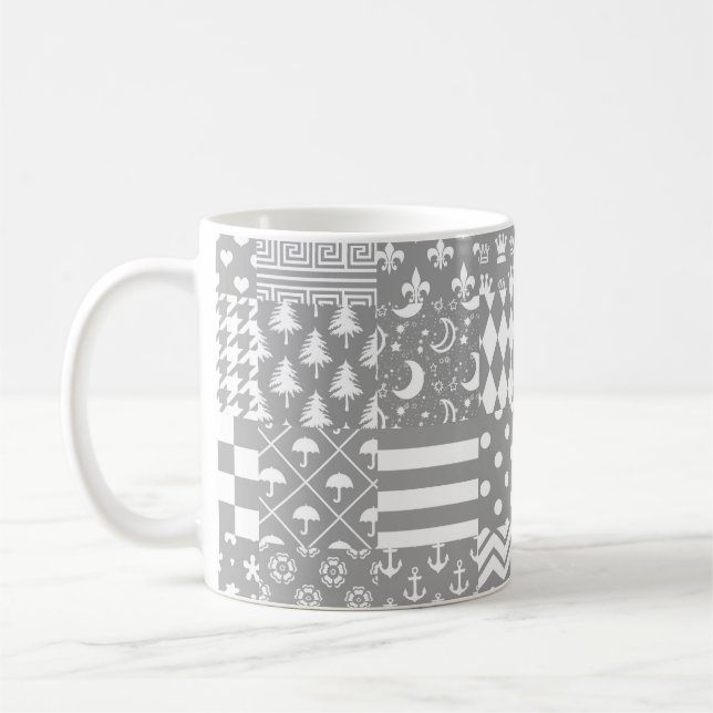 Grått White Mixed Mönster Patchwork Design Kaffemugg (Vänster)
