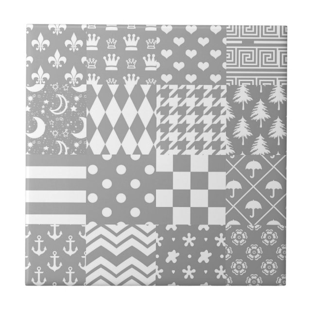 Grått White Mixed Mönster Patchwork Design Kakelplatta (Framsidan)