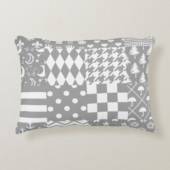 Grått White Mixed Mönster Patchwork Design Prydnadskudde (Framsidan)