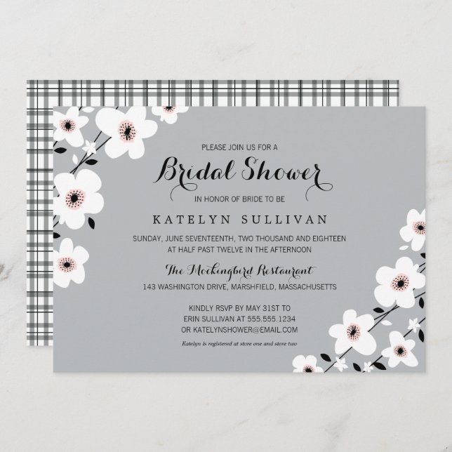 Grått White Modern Anemone | Möhippa Inbjudningar (Fram/baksida)