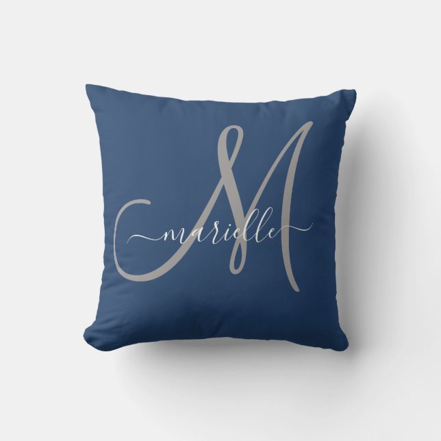 Grått White Monogram Navy Blue Dekorativ kudde (Framsida)