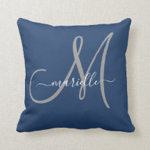 Grått White Monogram Navy Blue Dekorativ kudde