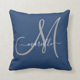 Grått White Monogram Navy Blue Dekorativ kudde