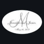 Grått White Monogram Oval Bröllop-etikett Ovalt Klistermärke<br><div class="desc">Grått och vita monogramovala Bröllopsetiketter för Vin Flaskor. Fullt anpassade med namn,  inledningsvis,  bröllop-datum och bröllop färg. Elke Clarke©</div>