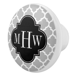 Grått White Moroccan #5 Black 3 Initial Monogram Knopp