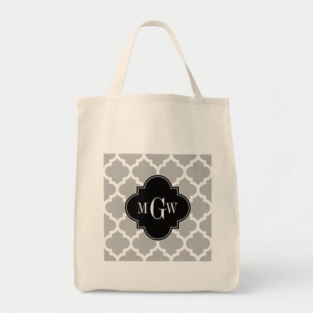 Grått White Moroccan #5 Black 3 Initial Monogram Tygkasse (Framsidan)