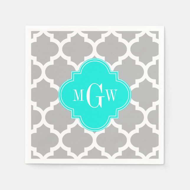 Grått White Moroccan #5 Brt Aqua 3 Initial Monogra Pappersservett (Framsidan)