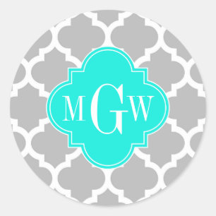Grått White Moroccan #5 Brt Aqua 3 Initial Monogra Runt Klistermärke