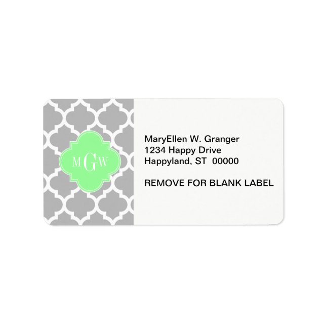 Grått White Moroccan #5 Mint Grn 3 Initial Monogra Adressetikett (Framsidan)