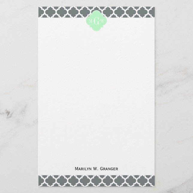 Grått White Moroccan #5 Mint Namn Monogram Brevpapper (Framsida)