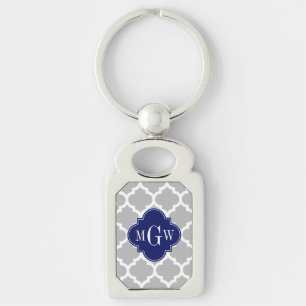 Grått White Moroccan #5 Navy 3 Initial Monogram Rektangulärt Silverfärgad Nyckelring