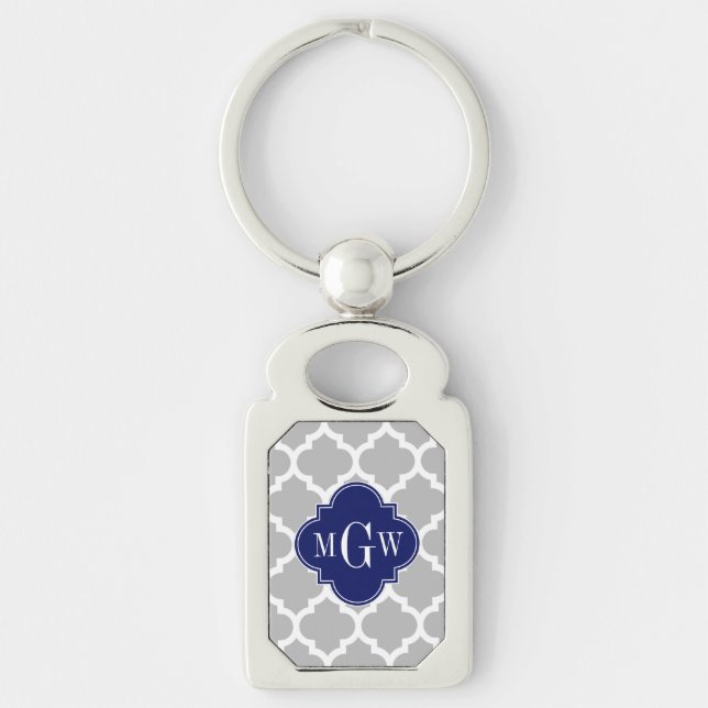 Grått White Moroccan #5 Navy 3 Initial Monogram Rektangulärt Silverfärgad Nyckelring (Framsidan)