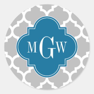 Grått White Moroccan #5 Peacock 3 Initial Monogram Runt Klistermärke