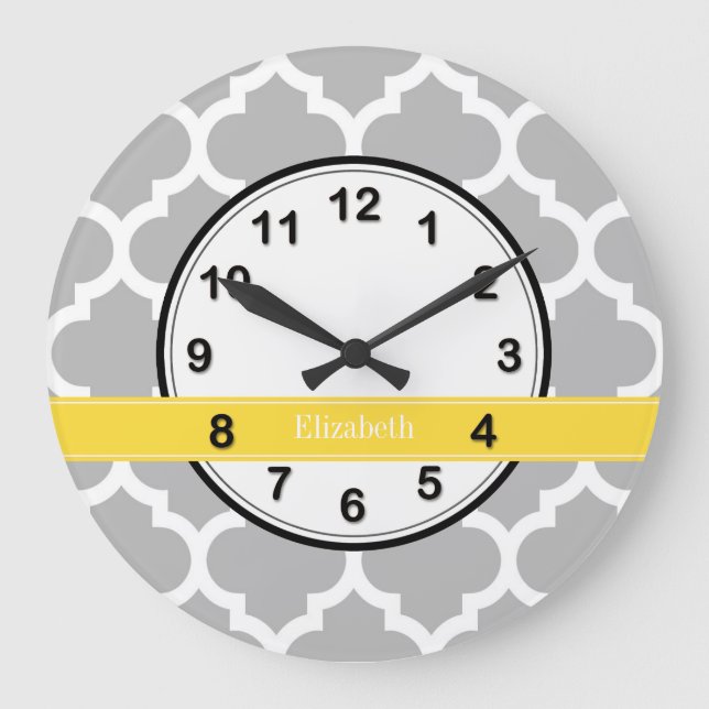 Grått White Moroccan #5 Pineapple Namn Monogram Stor Klocka (Framsida)
