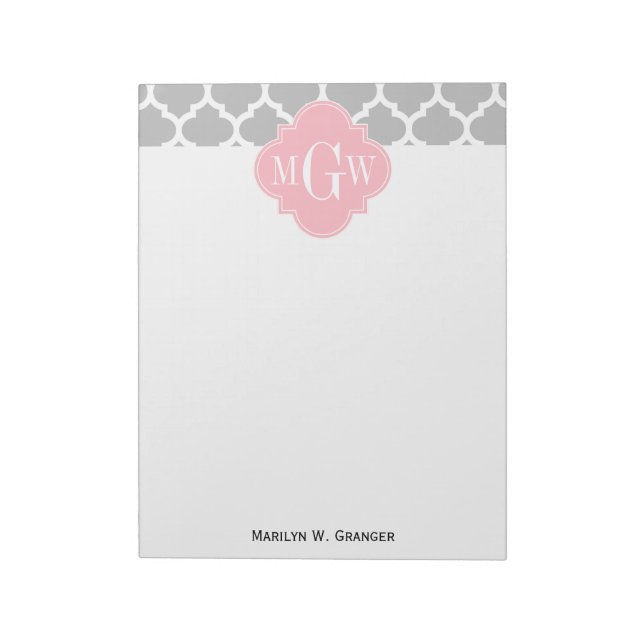 Grått White Moroccan #5 Rosa 3 Initial Monogram Anteckningsblock (Roterad)