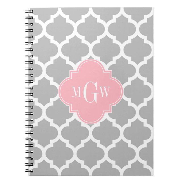 Grått White Moroccan #5 Rosa 3 Initial Monogram Anteckningsbok Med Spiral (Framsidan)