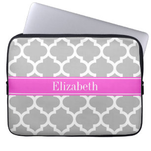Grått White Moroccan #5 Shock rosa Namn Monogram Laptop Sleeve