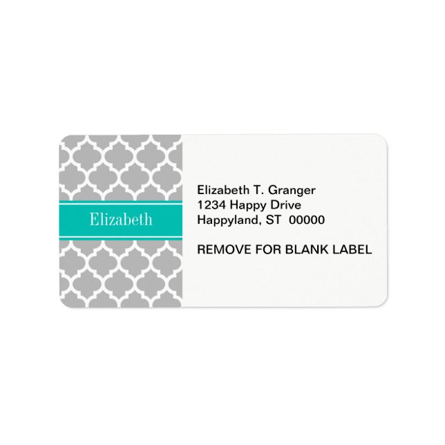 Grått White Moroccan #5 Teal Namn Monogram Adressetikett (Framsidan)