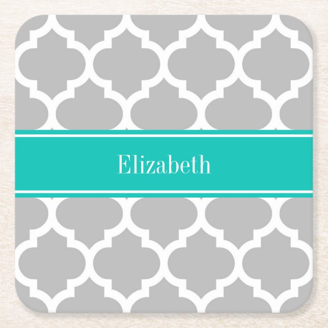 Grått White Moroccan #5 Teal Namn Monogram Underlägg Papper Kvadrat (Framsidan)