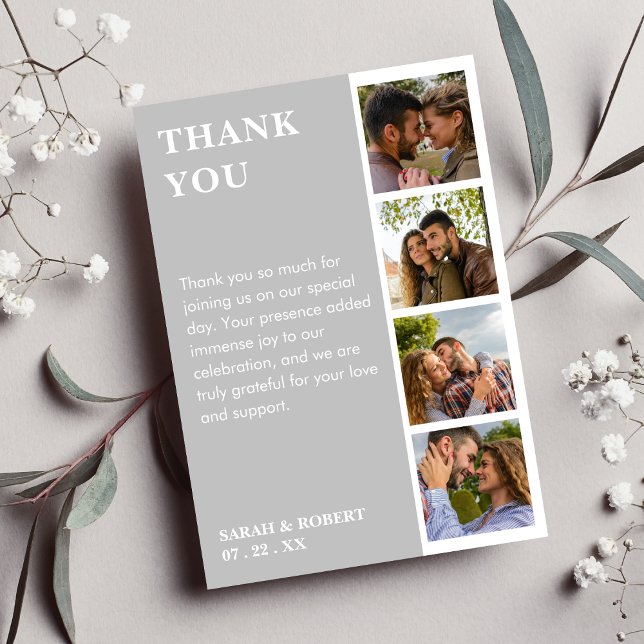 Grått & White Photo Booth Collage Bröllop Tack Kort (Grey & White Photo Booth Collage Wedding Thank You Card)