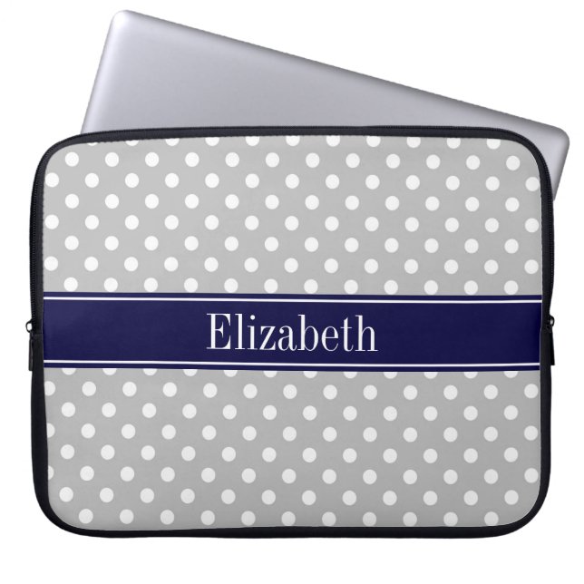 Grått White Polka dots Navy Blue Namn Monogram Laptop Sleeve (Framsidan)