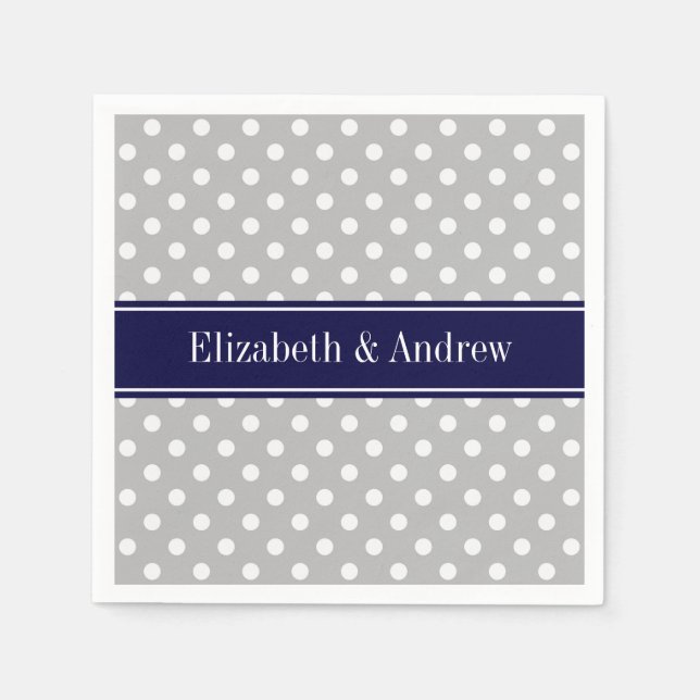 Grått White Polka dots Navy Blue Namn Monogram Pappersservett (Framsidan)