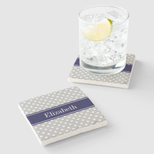 Grått White Polka dots Navy Blue Namn Monogram Underlägg Sten
