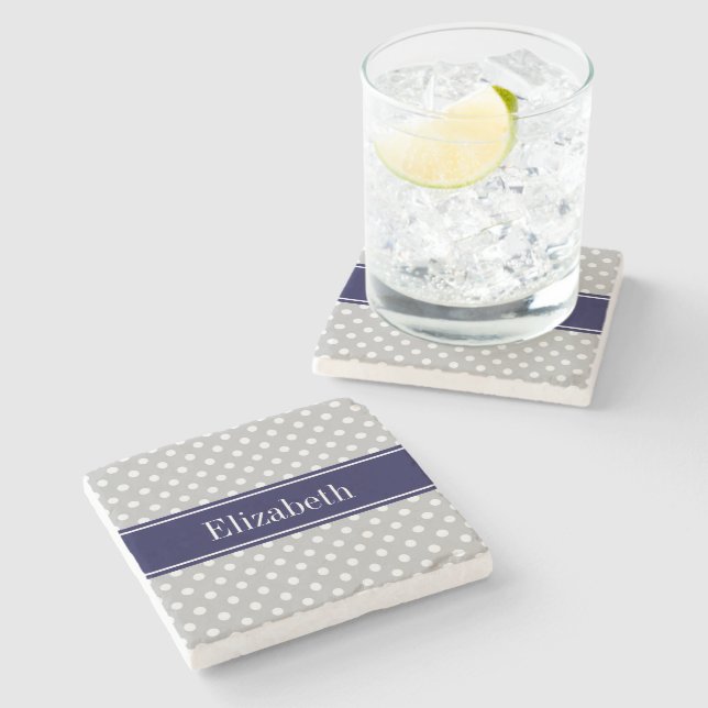 Grått White Polka dots Navy Blue Namn Monogram Underlägg Sten (Sidan)