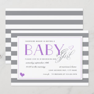 Grått & White Rand Baby Shower + Lavender Lila Inbjudningar