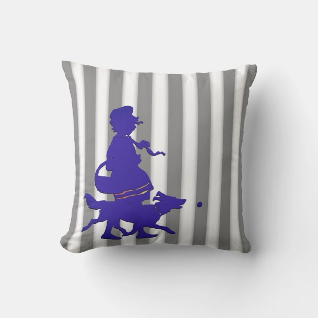 Grått & White Rand Child & Hund Blue Silhouette Kudde (Framsida)