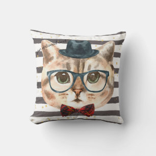 Grått & White Rand Hipster Cat Head Pillow Kudde