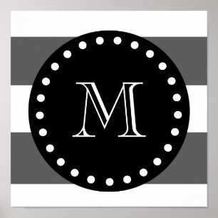 Grått White Rand Mönster, Black Monogra Poster