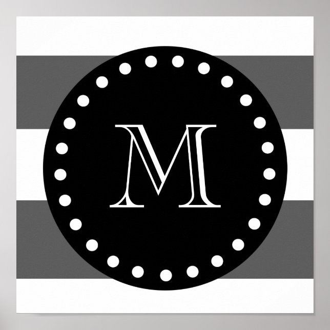 Grått White Rand Mönster, Black Monogra Poster (Framsidan)