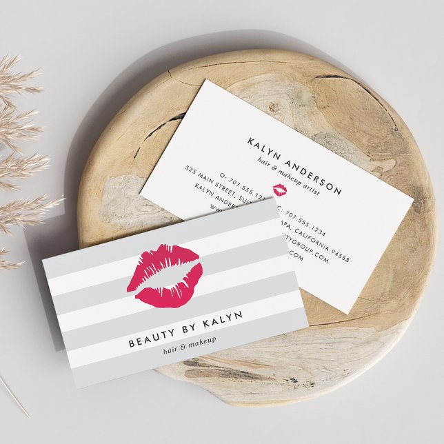 Grått & White Rand | Rosa Lip Print Visitkort (Skapare uppladdad)